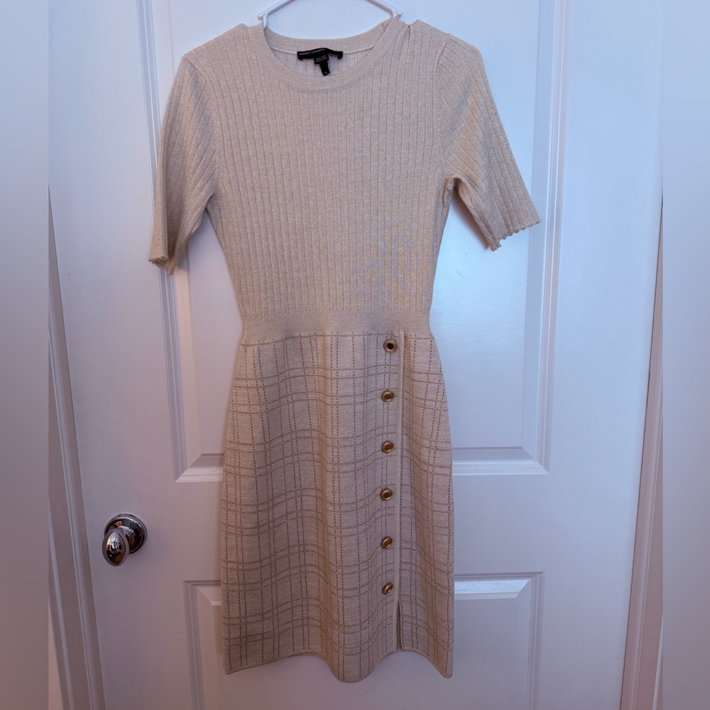 Rib-Knit Button-Accent Short Sleeve Dress - Beige